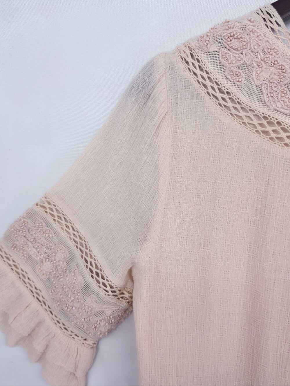 Love Sam Beaded Embroidered Boho Mini Dress Blush Lace Tiered Ruffle M - Picture 13 of 16